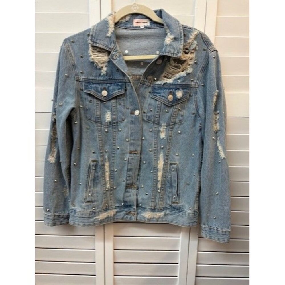 Distressed Denim Jacket With‎ Studded Detail By Sunset + Spring